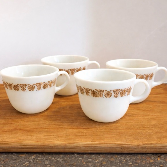 Pyrex Other - Vintage Pyrex Coffee Mugs – Set of 4 – Brown Floral Band – 1970s